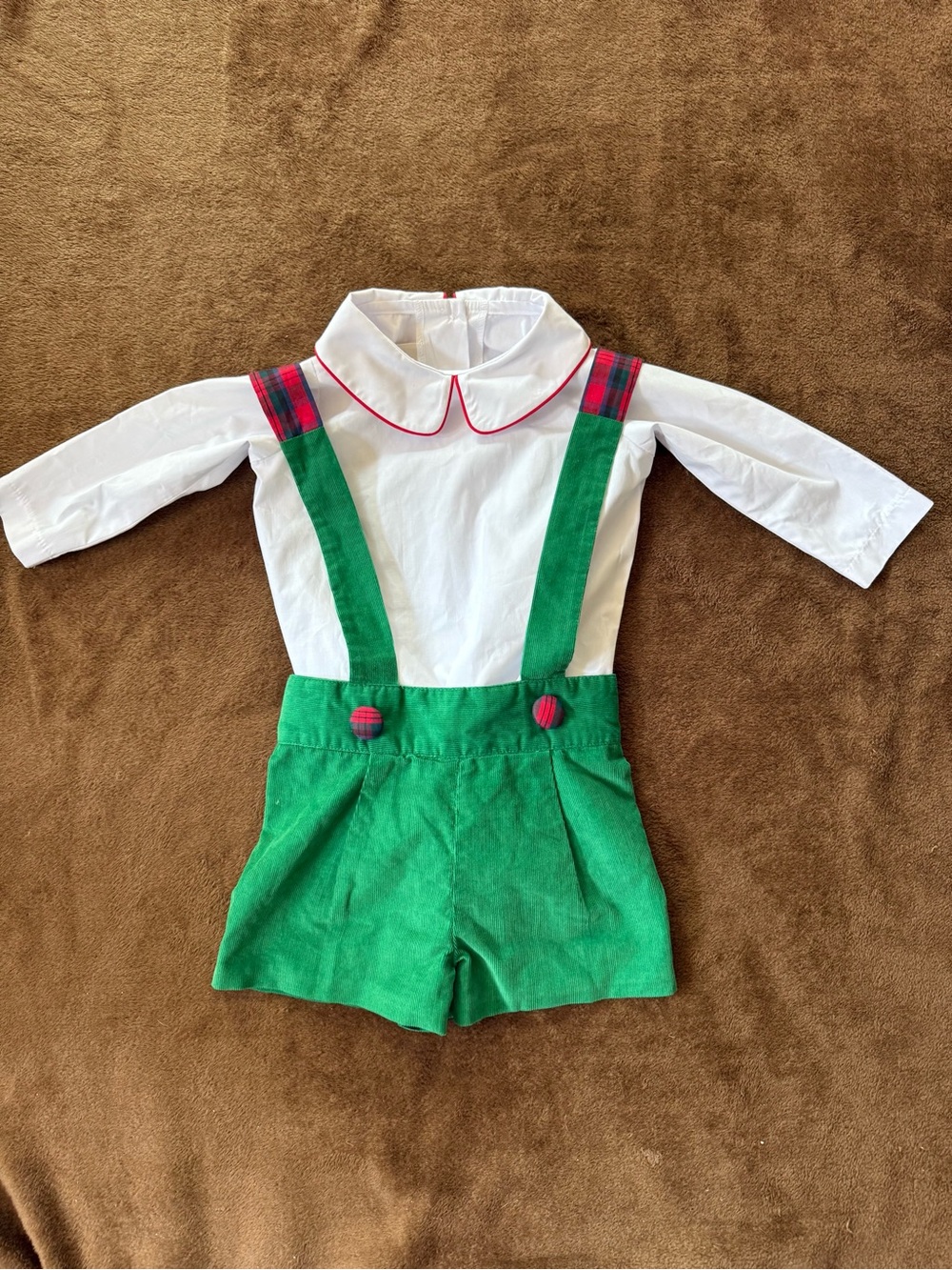 Boys or girls Green Suspender Shorts with red Plaid Accents